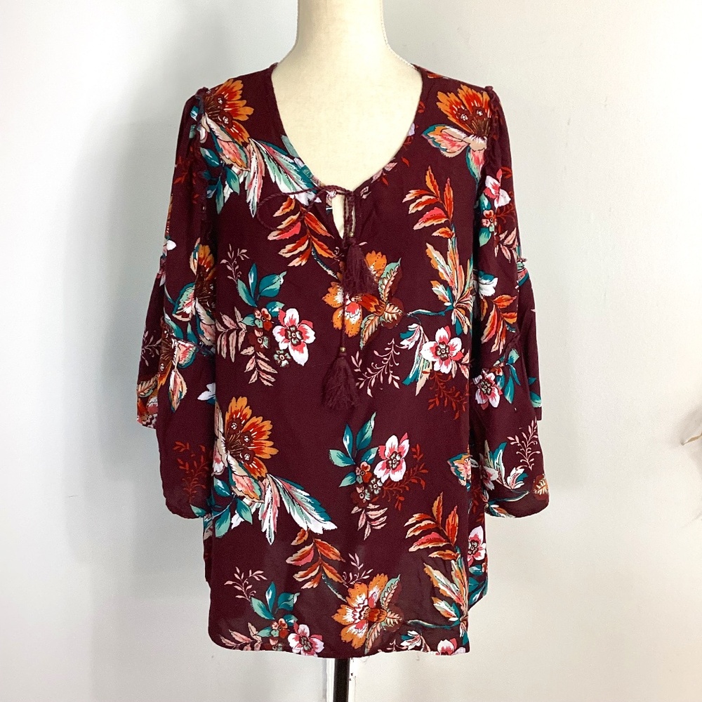 EST. 1946 WOMAN PLUS 18/20W FLORAL PEASANT BLOUSE BURGUNDY BELL SLEEVE